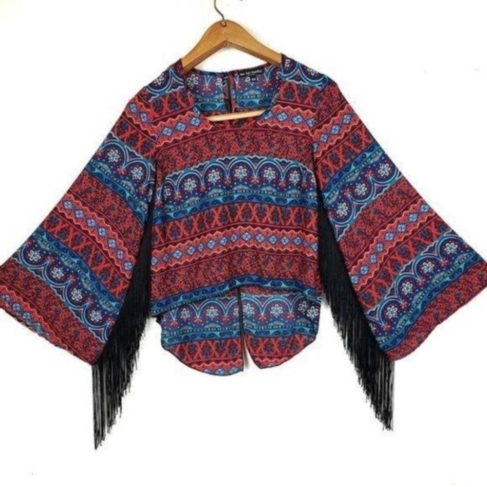 See you Monday fringe wide sleeves blouse size xs